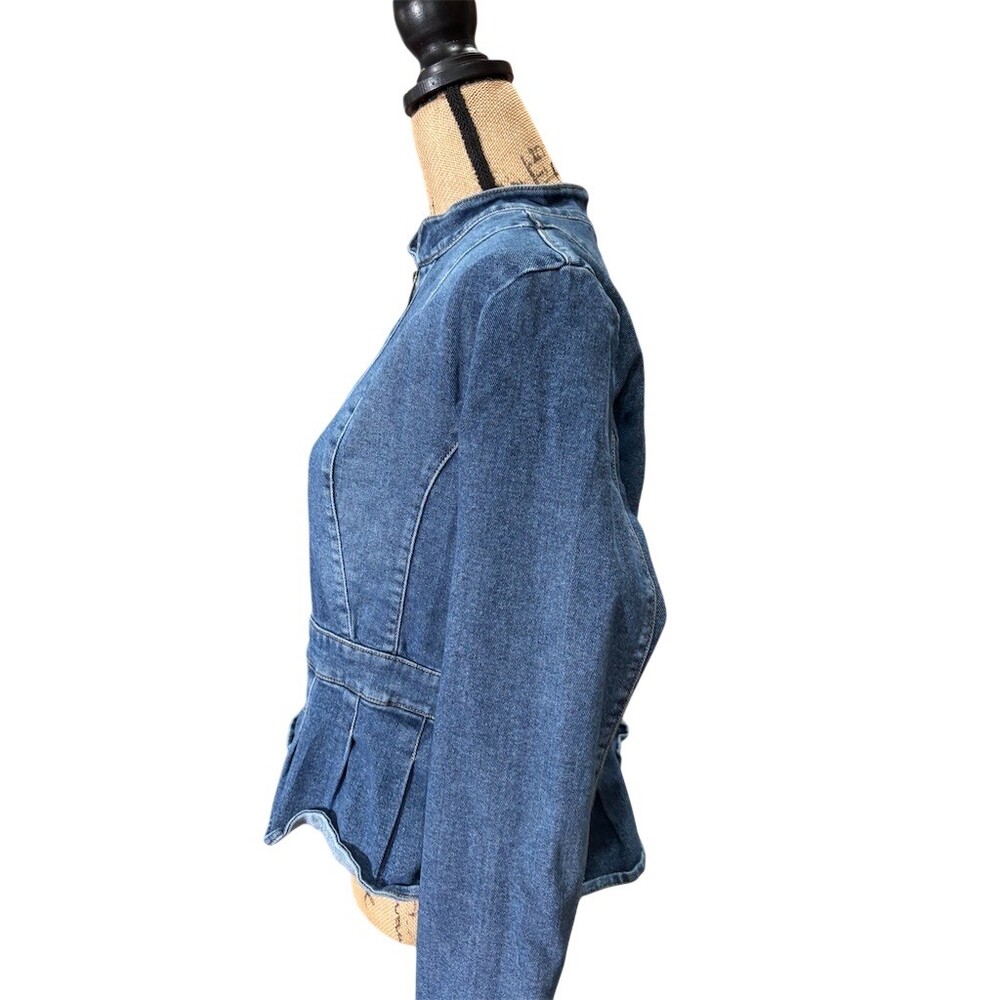 DKNY Jacket Womens Size M Blue Denim Peplum Full Zip Stand Collar Long - Picture 4 of 9